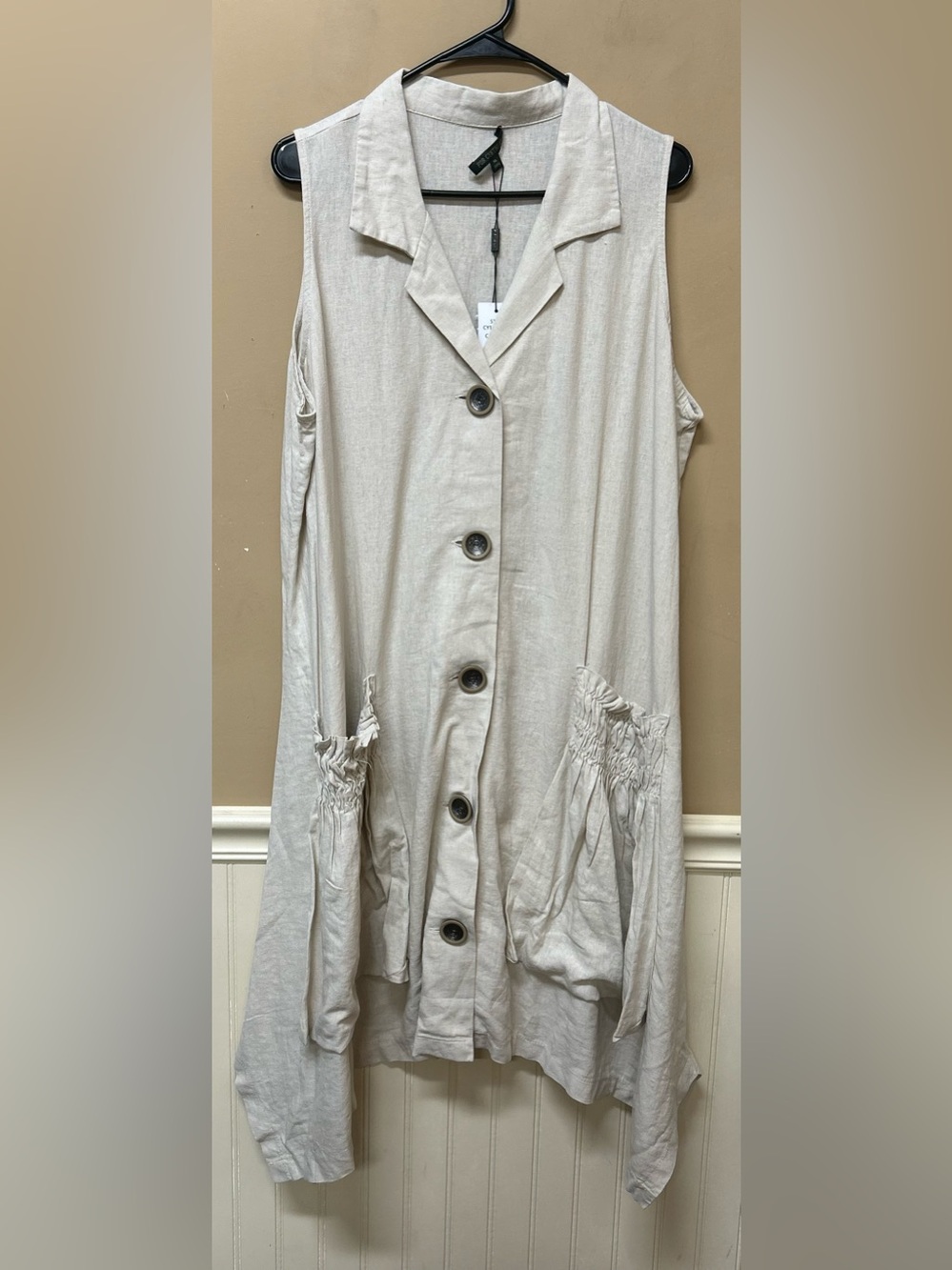 For Cynthia Linen Blend Dress Size  XL Beige Lagenlook Buttons Sleeveless Midi